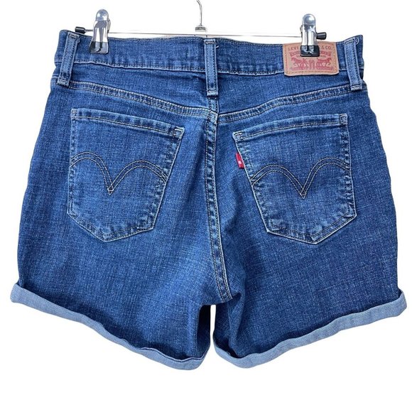 Levi Mid Length Short Womens Sz 28 / 6 Cuffed Hem Red Blank Tab Med Wash - Picture 4 of 12